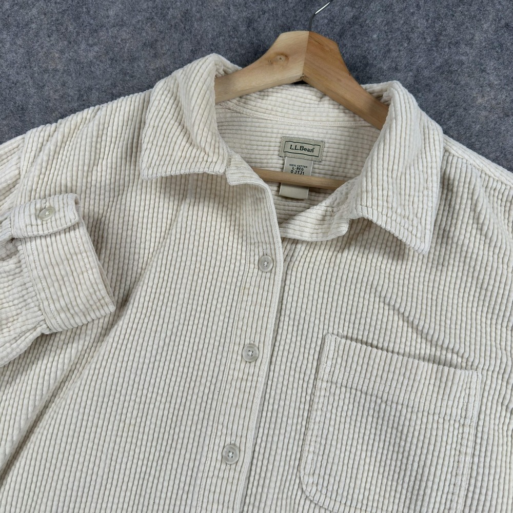L.L.Bean Corduroy Shirt Womens Large White Button Front Tunic Top Pockets